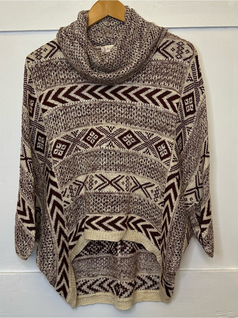 Altard State Cocoon Sweater Cowl Neck Doleman Sleeve Cream & Maroon Sz S Boxy